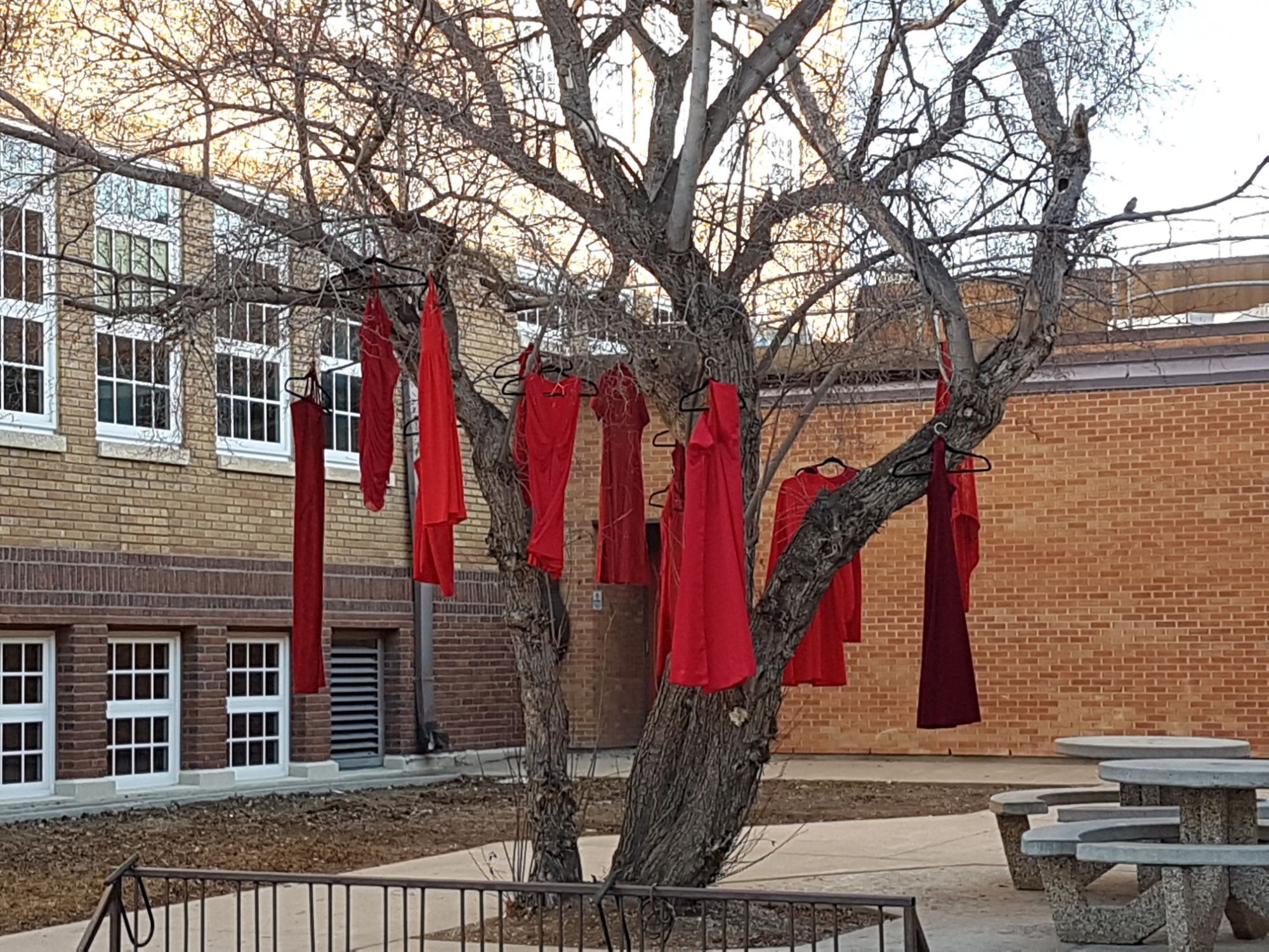red dresses in tree